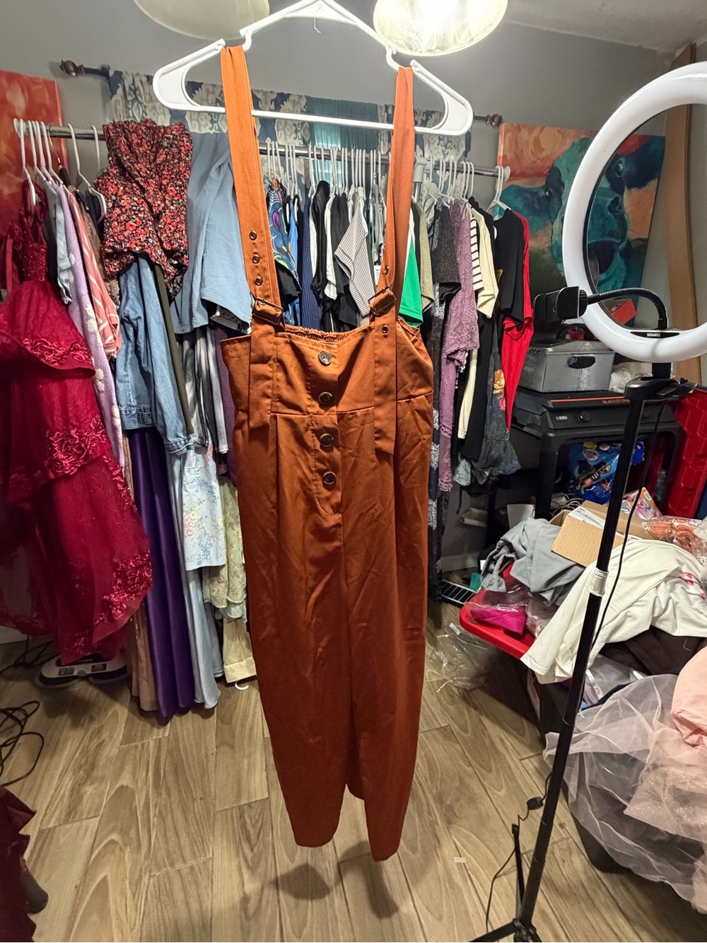 Allegra K Rust Button-Front Suspender Jumpsuit